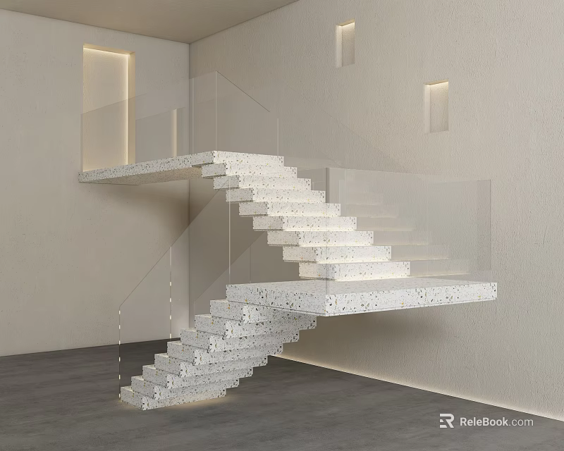 Floating Modern Concrete Staircase With Glass Railing And Illuminated Steps Interior Design 3d model