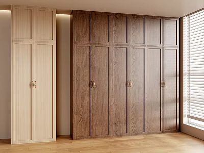 Modern Wooden Wardrobes In Light And Dark Tones For Bedroom With Wooden Floor And Window 3d model