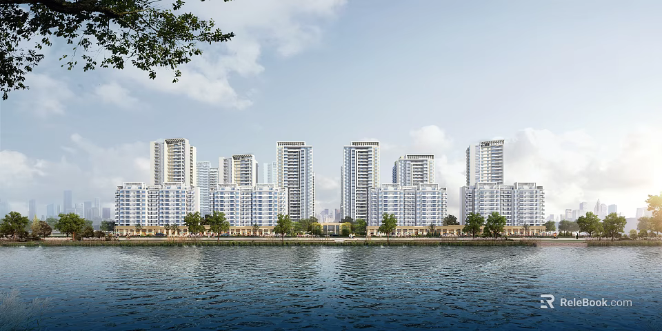 Riverfront High Rise Residential Buildings With Green Trees And Scenic Water View 3d model 