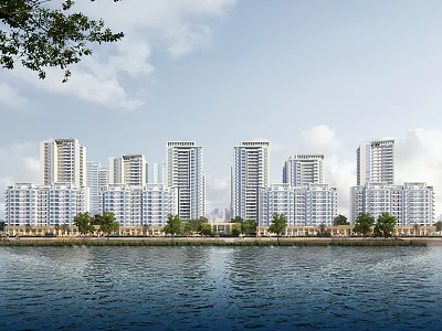 Riverfront High Rise Residential Buildings With Green Trees And Scenic Water View 3d model