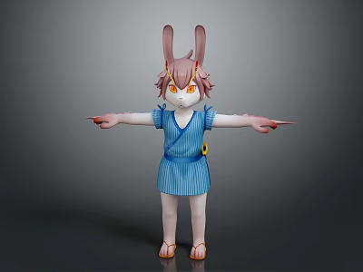 Adorable Rabbit Character in Blue Striped Dress with Orange Eyes and Arms Outstretched 3d model