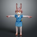Adorable Rabbit Character in Blue Striped Dress with Orange Eyes and Arms Outstretched