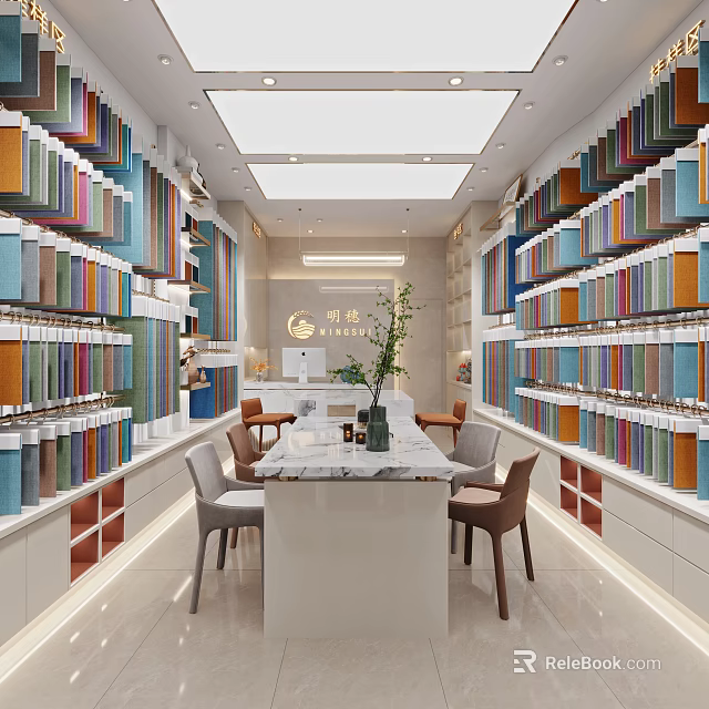 Modern Specialty Store Interior With Colorful Product Shelves Central Marble Table And Green Plant 3d model 
