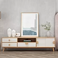 Modern Light Wood and White TV Stand with Decorative Vases Sculpture Painting and Potted Plant