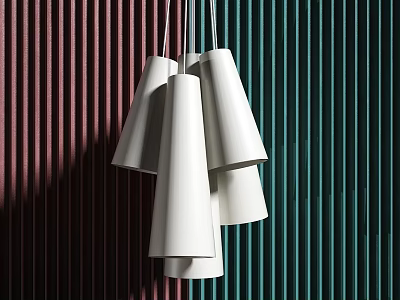 Modern Chandelier With White Cone Shaped Shades Hanging Over Striped Burgundy And Teal Walls 3d model