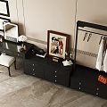 Modern Black Dressing Table With Stool Mirror Framed Artwork And Clothes Rack