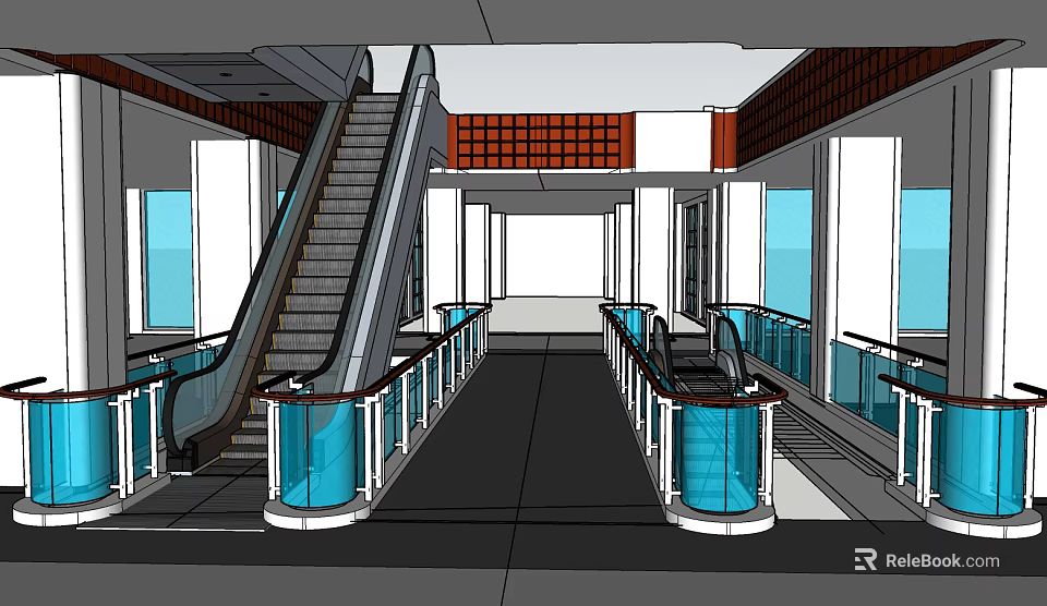 Spacious Indoor Corridor With Escalator Glass Railings Large Windows And Ceiling Design 3d model 