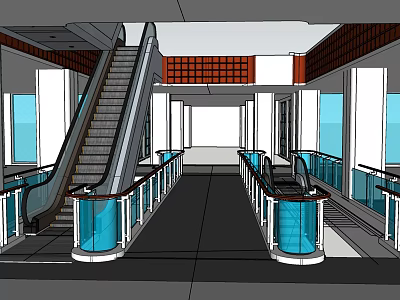 Spacious Indoor Corridor With Escalator Glass Railings Large Windows And Ceiling Design 3d model