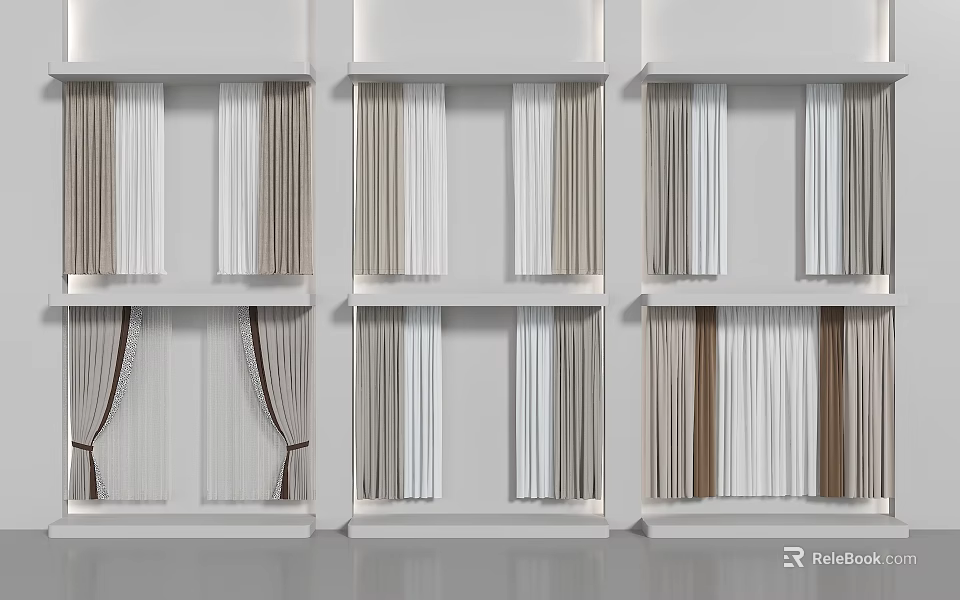Various Colored Curtains with Pleats and Ties Displayed on White Shelves 3d model 