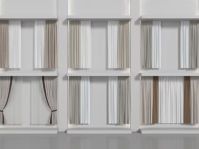 Various Colored Curtains with Pleats and Ties Displayed on White Shelves 3d model