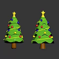 Festive Green Christmas Trees With Yellow Star Tops Colorful Balls And Gold Spiral Ornaments