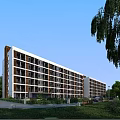Modern Multi story School Building Exterior With Balconies Green Landscaping And Trees