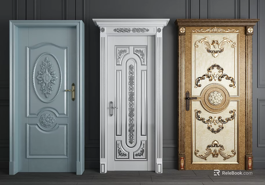 Three Stylish Hinged Doors With Decorative Carvings And Various Color Finishes 3d model 