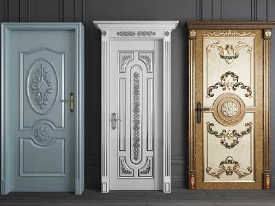 Three Stylish Hinged Doors With Decorative Carvings And Various Color Finishes 3d model