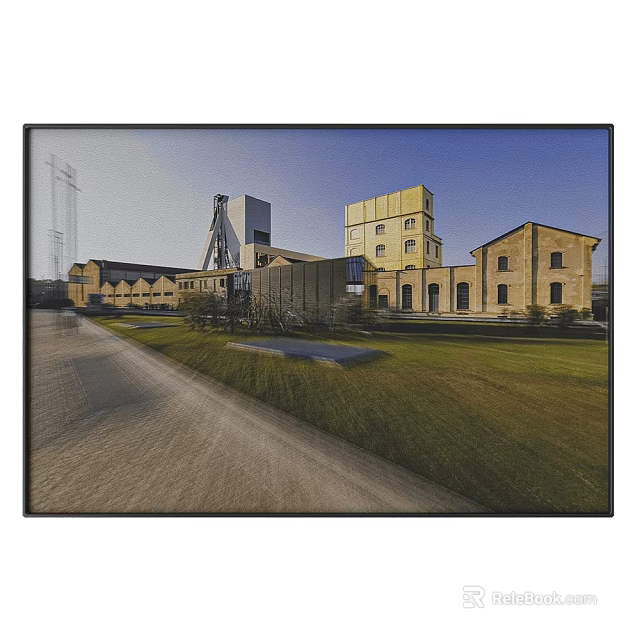 Landscape Painting Featuring Old Factory Buildings Green Grass Pathway And Blue Sky 3d model 