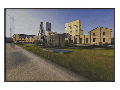 Landscape Painting Featuring Old Factory Buildings Green Grass Pathway And Blue Sky 3d model