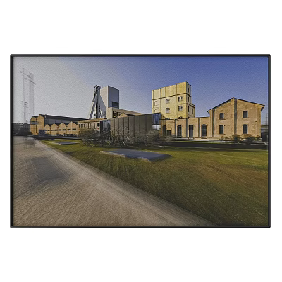 Landscape Painting Featuring Old Factory Buildings Green Grass Pathway And Blue Sky 3d model