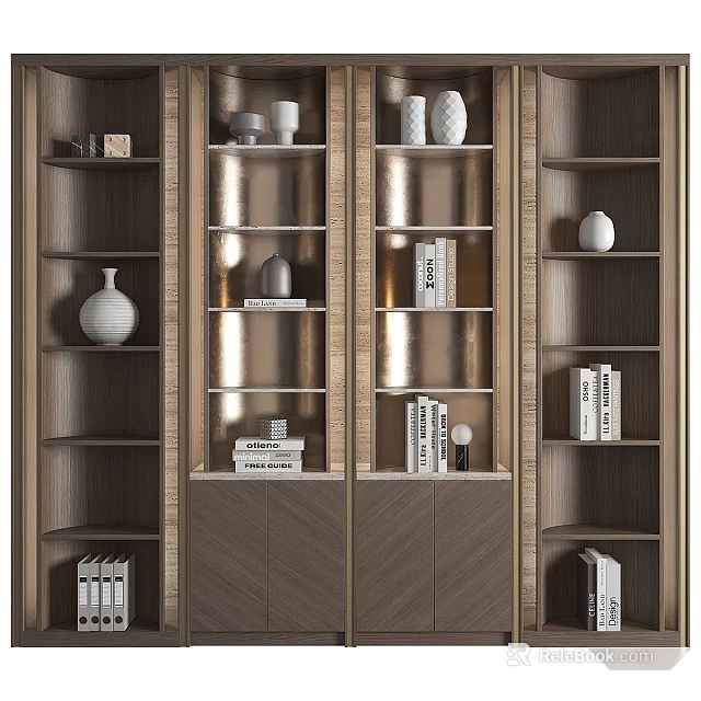 Modern Decorative Cabinet With Wooden Frame Glass Shelves Vases Books And Decorative Items 3d model 