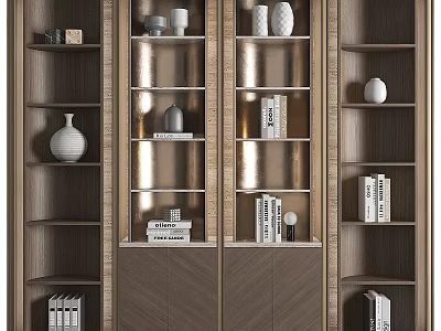 Modern Decorative Cabinet With Wooden Frame Glass Shelves Vases Books And Decorative Items 3d model