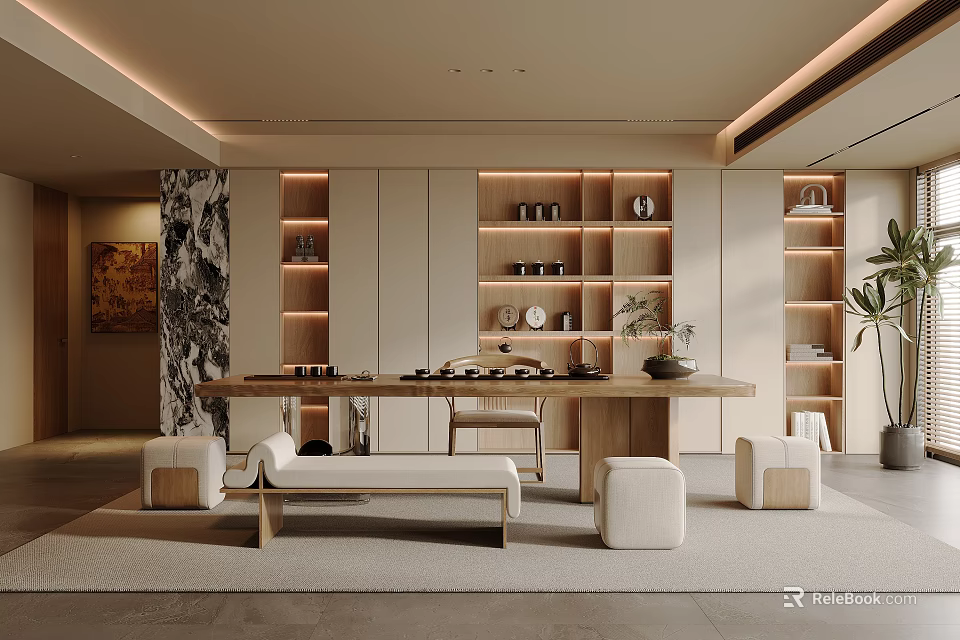Modern Tea Room Interior With Wooden Shelves Tea Table And Comfortable Seats 3d model 