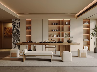 Modern Tea Room Interior With Wooden Shelves Tea Table And Comfortable Seats 3d model