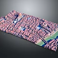 Modern City Model Aerial View With Red Rooftops Dense Buildings River And Landmark Structure