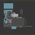 Industrial Heavy Duty Press Machine Featuring Gray Body Blue Components Yellow Warning Signs Safety Railings