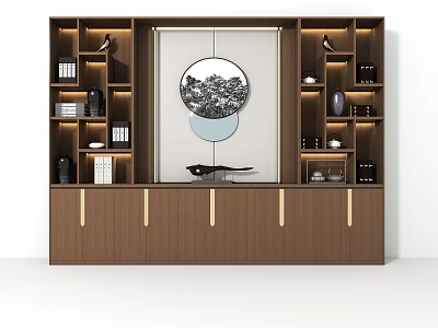 Modern Wooden Decorative Cabinet With Golden Handles Multiple Compartments And Circular Painting 3d model