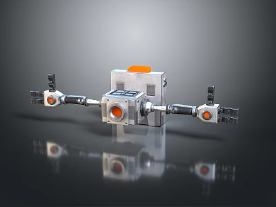 Silver Mechanical Robot With Cube Body Articulated Arms And Orange Components On Reflective Surface 3d model