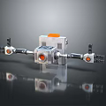 Silver Mechanical Robot With Cube Body Articulated Arms And Orange Components On Reflective Surface