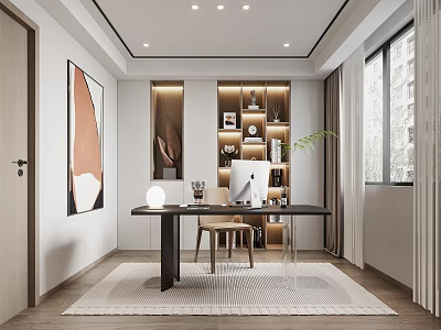 Modern Study Room Interior With Desk Bookshelf Chair And Decorative Artwork 3d model