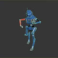 Blue Mechanical Robot Character With Red Arm Standing On Dark Reflective Surface