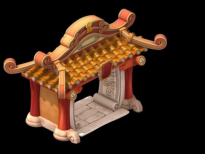 Chinese Traditional Gateway Structure With Curved Eaves Yellow Tiled Roof And Red Pillars 3d model