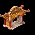 Chinese Traditional Gateway Structure With Curved Eaves Yellow Tiled Roof And Red Pillars