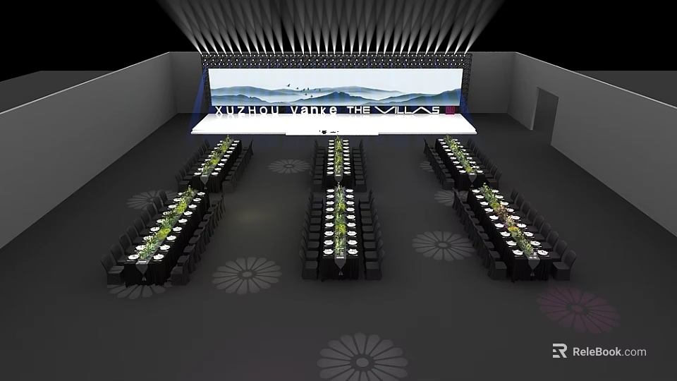 Elegant Stage Setup With Large Screen Mountain Water Pattern And Neatly Arranged Dining Tables 3d model 