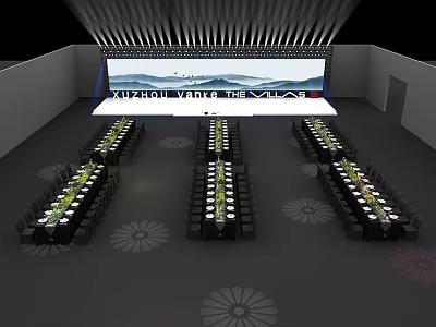 Elegant Stage Setup With Large Screen Mountain Water Pattern And Neatly Arranged Dining Tables 3d model