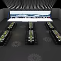 Elegant Stage Setup With Large Screen Mountain Water Pattern And Neatly Arranged Dining Tables