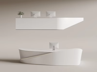 Modern White Reception Desk With Sleek Design And Computer Monitors Plus Potted Plant 3d model