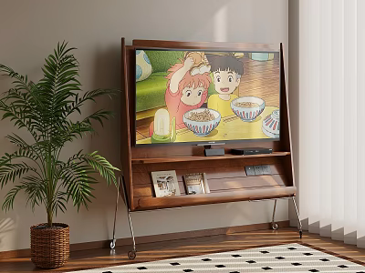 Living Room With Wooden TV Stand Metal Legs Animated Kids Eating Cereal Palm Plant Rug 3d model