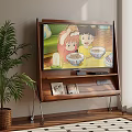 Living Room With Wooden TV Stand Metal Legs Animated Kids Eating Cereal Palm Plant Rug