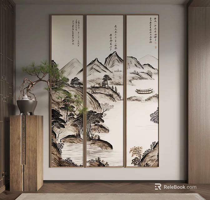 Traditional Chinese Landscape Painting Triptych Scroll With Mountain Water Pine Trees And Boat 3d model 