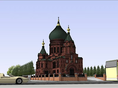 Historic Russian Church With Green Domes Golden Spires And Red Brick Walls 3d model