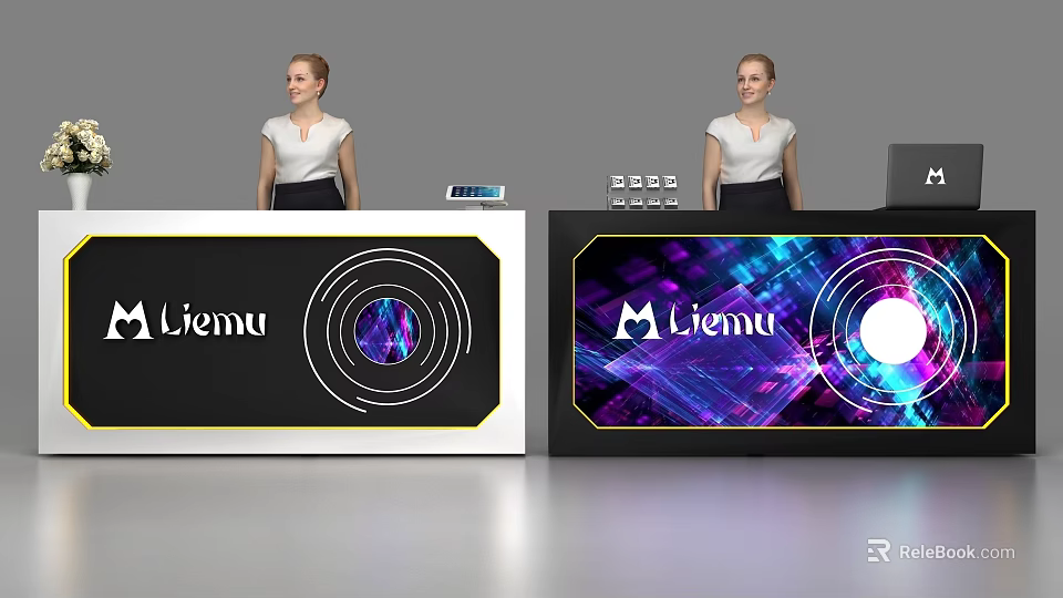 Liemu White And Black Reception Desks With Illuminated Circular Patterns And Receptionists 3d model