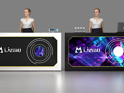 Liemu White And Black Reception Desks With Illuminated Circular Patterns And Receptionists 3d model