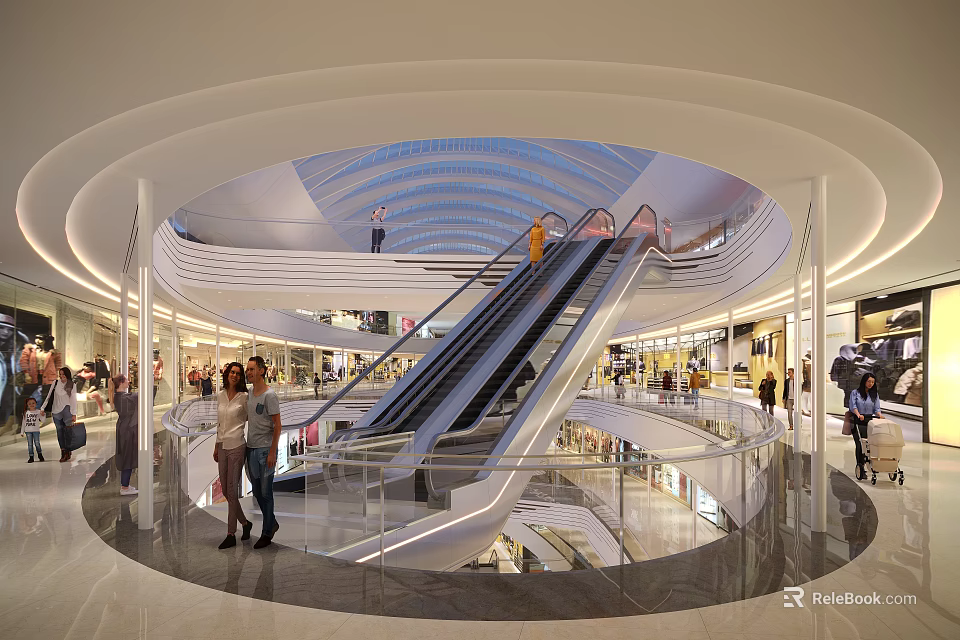 Spacious Modern Shopping Mall Atrium With Escalators Shoppers And Bright Lighting 3d model 