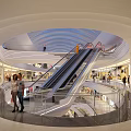 Spacious Modern Shopping Mall Atrium With Escalators Shoppers And Bright Lighting