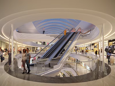Spacious Modern Shopping Mall Atrium With Escalators Shoppers And Bright Lighting 3d model