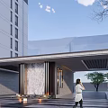 Modern Building Entrance Gate With Canopy Decorative Wall And Ground Lights Near Red Car