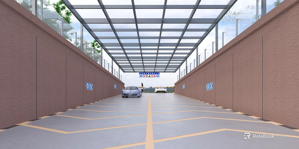 Underground Parking Entrance With Glass Roof Side Walls And Yellow Parking Lines 3d model 