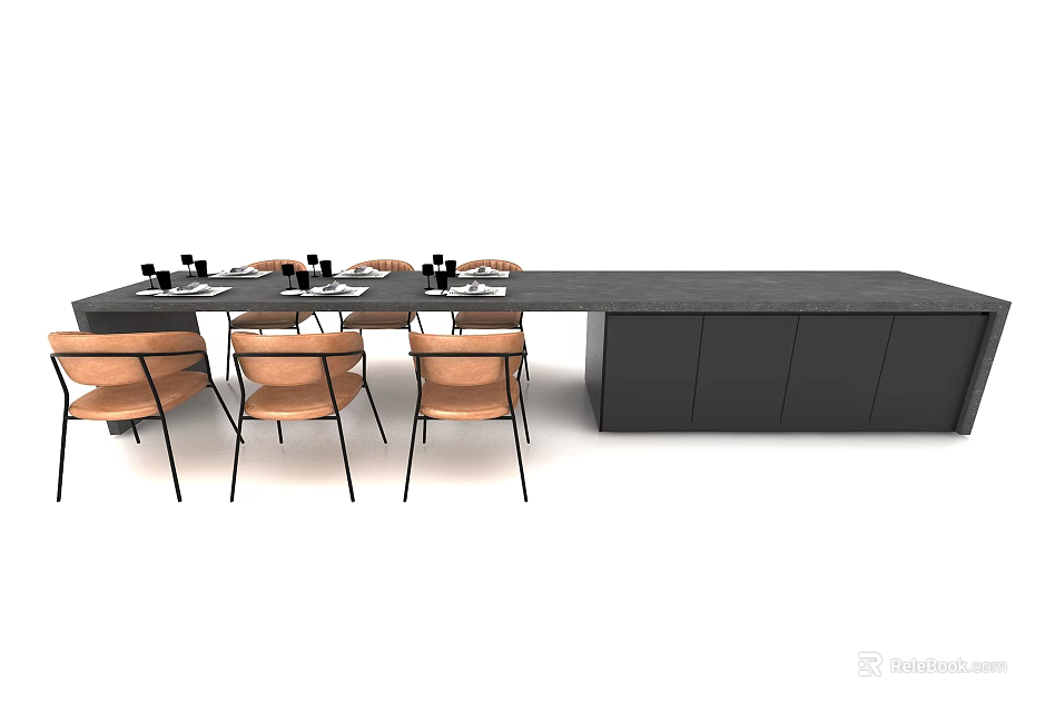 Modern Style Dining Table Set With Black Countertop And Wooden Chairs 3d model 